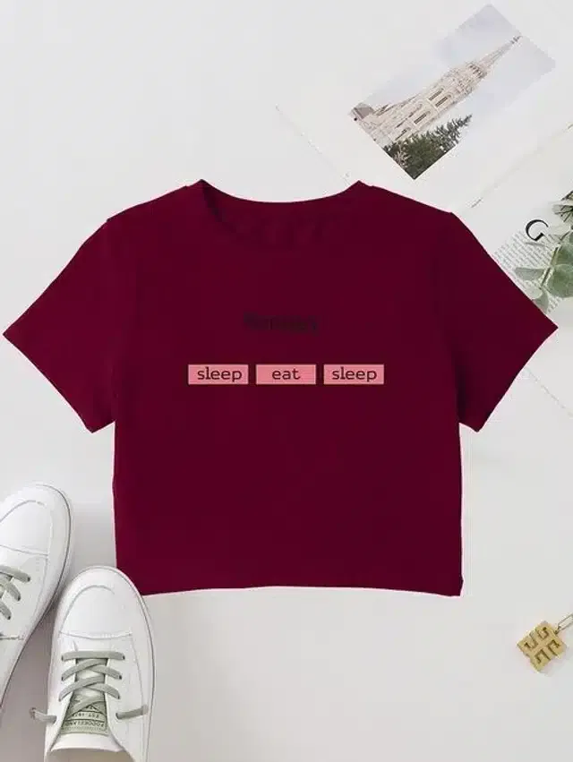 Printed Crop T-shirt for Women (Maroon, L)