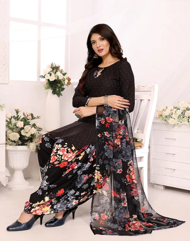 Punjabi Floral Unstitched Suit for Women (Black, Free size)