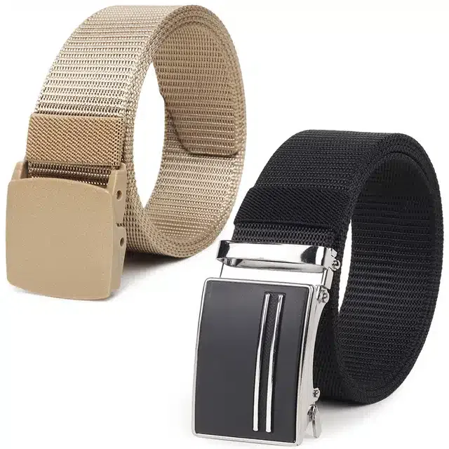 Casual Nylon Belts for Men (Cream & Black, Pack of 2)