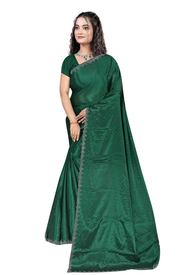Crepe Solid Saree for Women, Bottle Green (6.3 m)