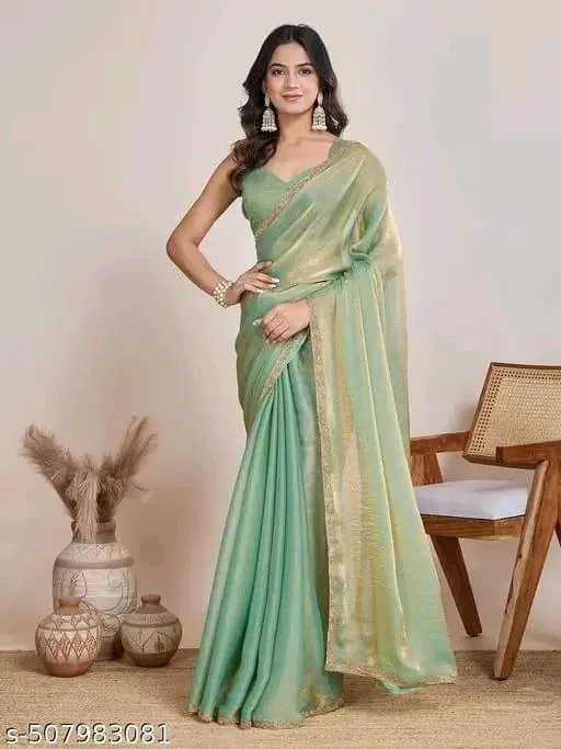 Satin Solid Saree for Women, Sea Green (6.3 m)