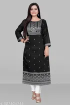 Chanderi Cotton Embroidered Kurti with Pant for Women (Black, XL)