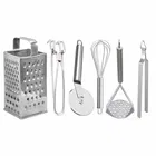 Oc9 स्टेनलेस स्टील 4 in 1 स्लाइसर एंड ग्रेटर & यूटिलिटी पकड़ & पिज़्ज़ा कटर & रोटी चिमटा & पोटैटो मेशर फॉर किचन टूल सेट