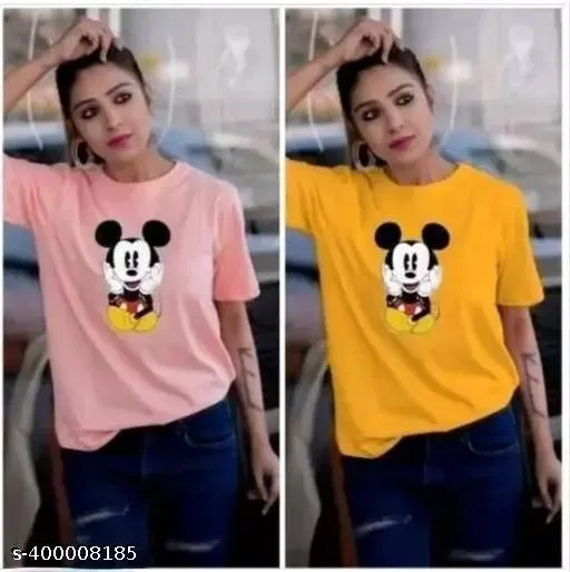 Cotton Blend Printed T-Shirt for Women, Pink & Yellow, Pack of 2 (S)