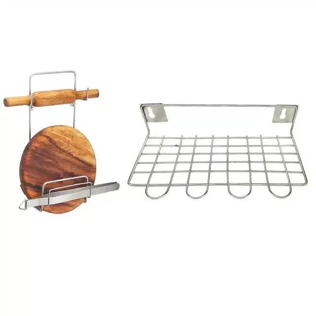 Stainless Steel Chakla Belan Stand & Utensil Holder (Set of 2, Silver)