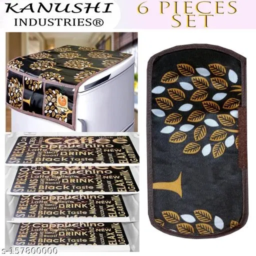 KANUSHI Industries® 1Pc Fridge Cover for Top with 6 Utility Pockets + 1 Handles Covers + 4 Fridge Mats (FRI-BROWN-TREE+1-HANDLE+M-26-04)