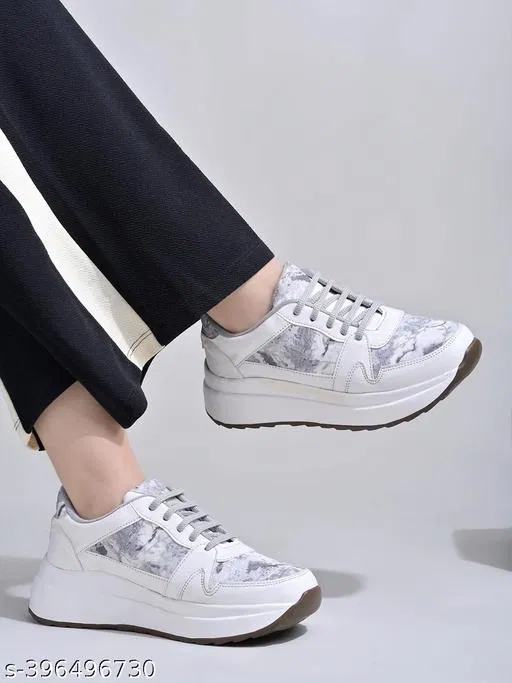 Solid Synthetic Sneakers for Women (Grey, IND-8)