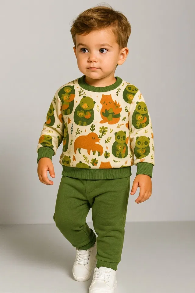 Cotton Printed Clothing Set for Boys, Olive (18-24 Months)