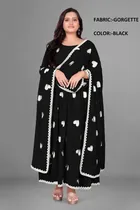 Georgette Ethnic Motif Gown with Dupatta for Women (Black & White, S)