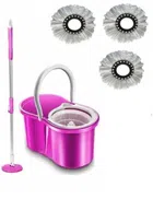 Plastic Spin Bucket Mop with 3 Refill (Pink, Set of 1)
