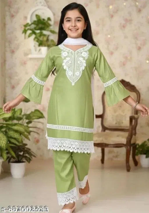 Rayon Kurta Set for Girls (Green, 4-5 Years)