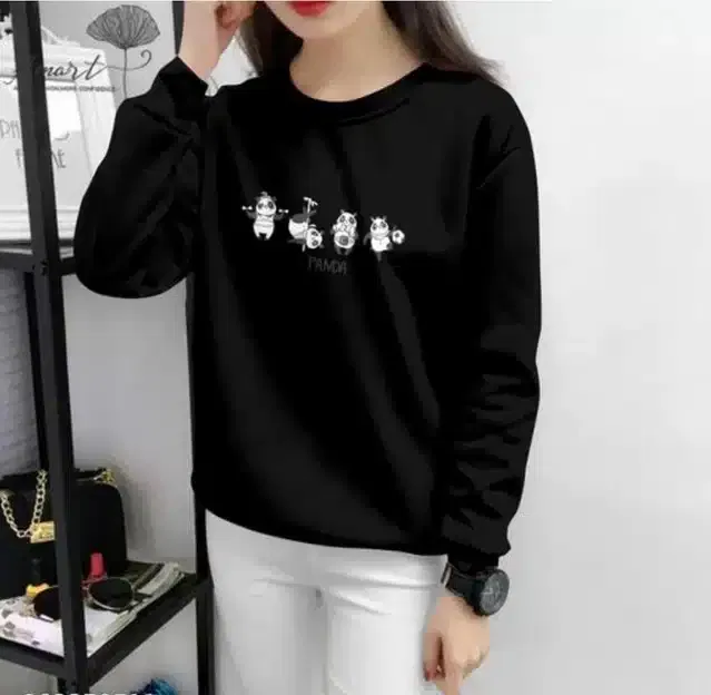 Cotton Blend Printed T-shirt for Women (Black, L)