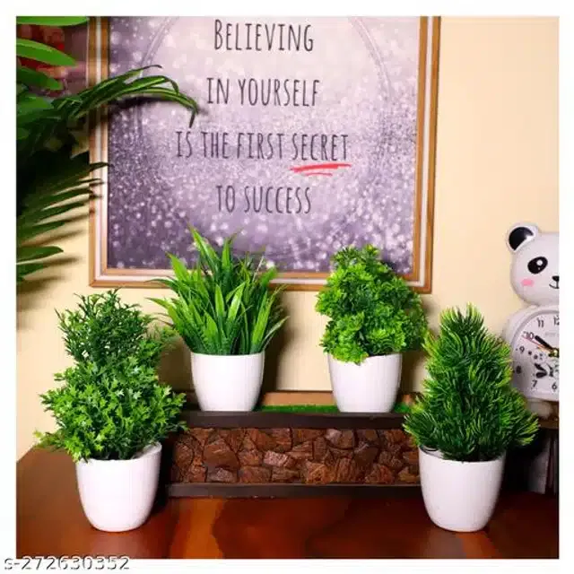 Artificial Plants with Pot (Green & White, Set of 4)