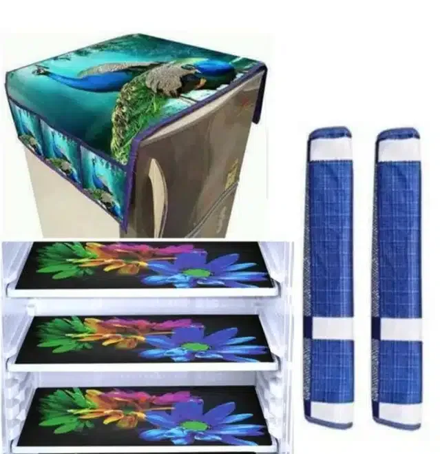 Knit Printed Fridge 3 Pcs Mat with 2 Pcs Handle & Top Cover (Multicolor, Set of 1)
