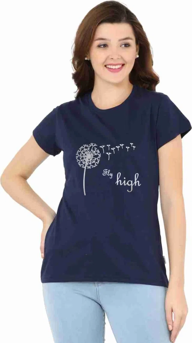 Round Neck Printed T-Shirt for Women (Navy Blue, M)