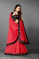 Vichitra Silk Applique Saree For Women, Red