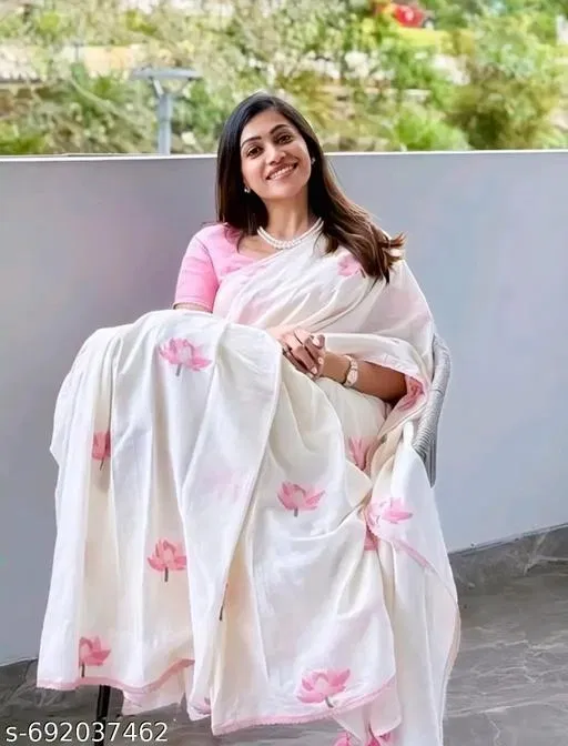 Soft Linen Cotton Saree for Women (White)