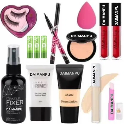 Combo of Fixer, Beauty Blenders, BB Cream, Liquid Shimmer Illuminator, Concealer, Compact Powder, Eye Lashes & 2 Pcs Lipsticks for Women (Multicolor, Set of 14)