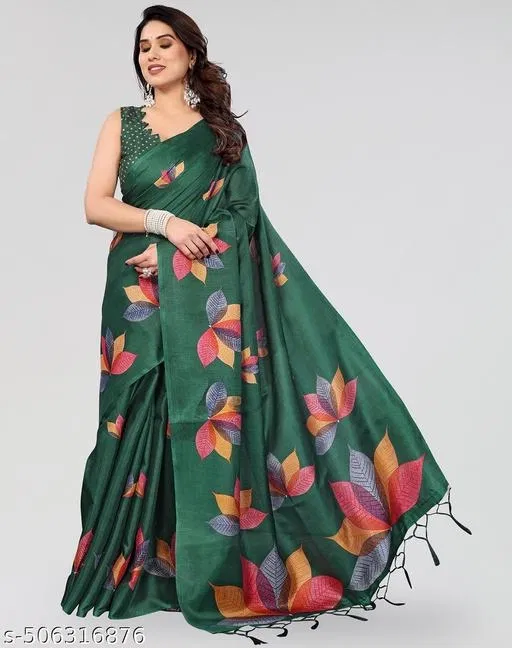 Art Silk Printed Saree for Women, Green (6.3 m)
