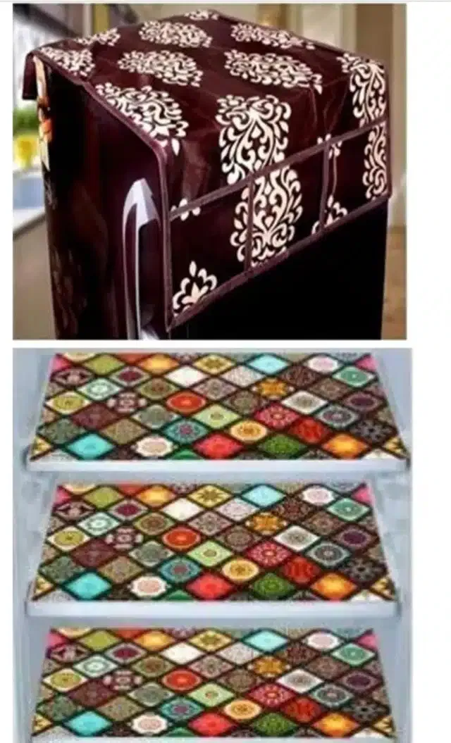 Knit Printed Fridge 3 Pcs Mat with Top Cover (Multicolor, Set of 1)