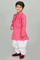Cotton Blend Embroidery Kurta with Dhoti for Boys, Pink & White 