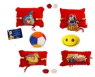 Combo of Wooden 4 Pcs Rakhi with Ball, Teddy Bear, Greeting Card, Roli 
