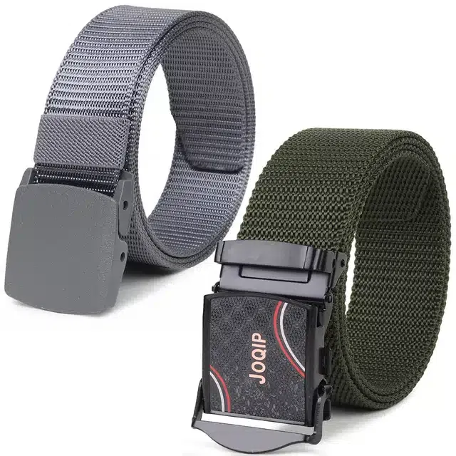 Casual Nylon Belts for Men (Grey & Green, Pack of 2)
