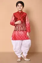 Dupion Silk Printed Kurta with Dhoti for Boys, Red & White 