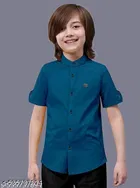 Solid Cotton Blend Mandarin Collar Short Sleeve Shirt for Boys 
