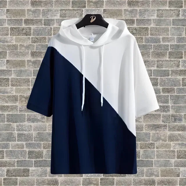 Hooded Colorblocked T-Shirt for Men (Navy Blue & White, M)