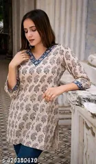 Cotton Printed Short Kurti for Women, Cream 