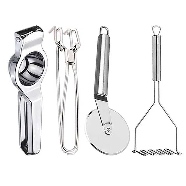 Stainless Steel Lemon Squeezer & Pakkad & Pizza Cutter & Potato Masher For Kitchen (Set of 4) (OC-060)