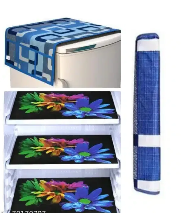 Knit Printed Fridge 3 Pcs Mat with Top & Handle Cover (Multicolor, Set of 1)