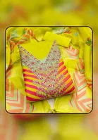 Chanderi Cotton Embroidered Unstitched Suit Fabric, Yellow & Green