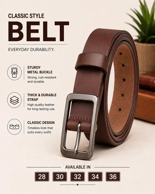 PU Solid Belt for Men ,Brown (Free Size)