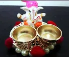 Metal Decorative Ganpati Haldi Kumkum Stand with 2 Roli Chawal Holder, Multicolor