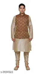 Dupion Silk Solid Kurta with Pyjama & Jacket for Men 