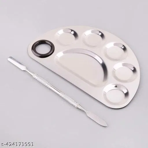 Stainless Steel Makeup Mixing Color Plate with Spatula for Cosmetic Foundation Palette Multifunctional for Beauty Home and Salon 1 Pieces