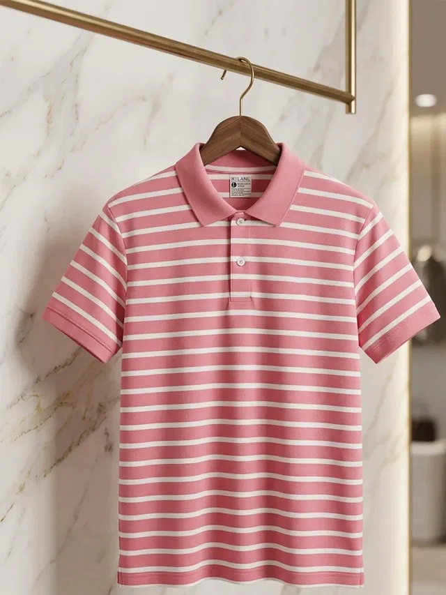 Striped Polo T-shirt for Men (Pink, M)