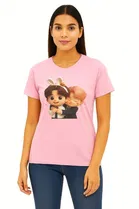 Cotton Blend Printed T-shirt for Women, Pink 