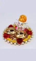 Metal Decorative Ganpati Haldi Kumkum Stand with 2 Roli Chawal Holder, Multicolor