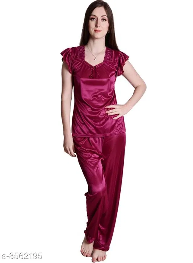 Satin Nightsuit Set for Women (Maroon, S)