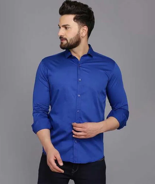 Casual Solid Shirt for Men (Blue, XL) (AE-12)