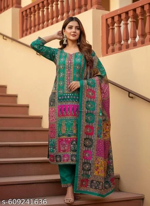 Printed Patiala Suits for Women (, 6.05 meter (M)) (Blue, 6.45 meter (XL)