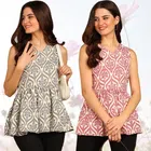 Rayon Printed Flared Top for Women (Grey & Pink, S) (Pack of 2)