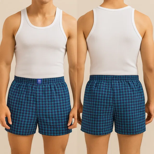 Polycotton Checkered Boxers for Men (Blue, L)