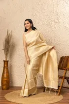 Litchi Silk Woven Design Saree for Women, Cream 
