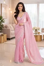 Bollywood Pink Satin Solid Lace Border Saree for Women