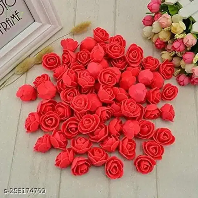 Polyester Artificial Rose Flowers (Red, Pack of 50)