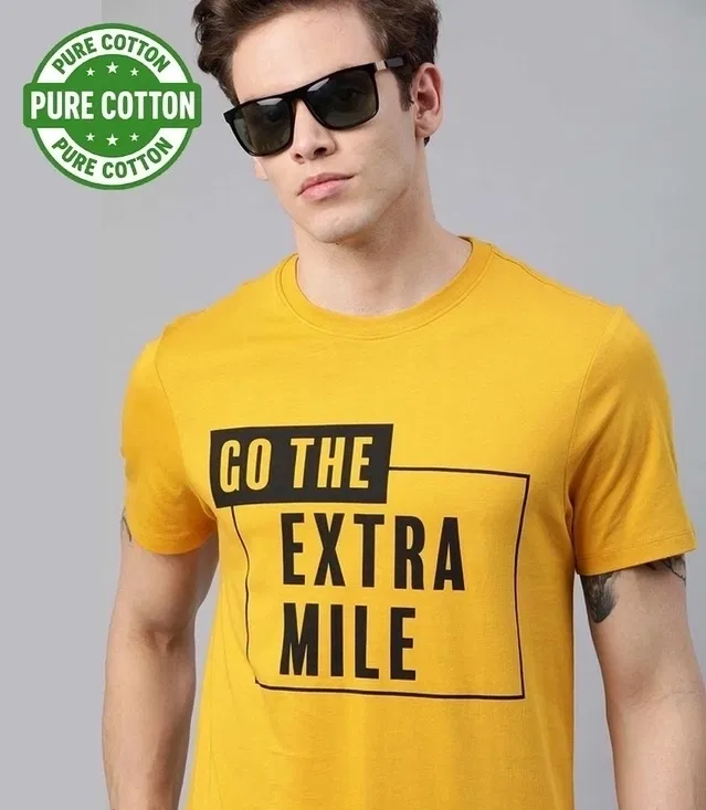 100% Cotton Round Neck Printed T-Shirt for Men (Yellow, L)